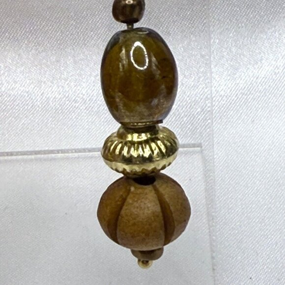 Reimagined Tan Iridescent Glass Wooden Bead Earrings - Picture 2 of 5